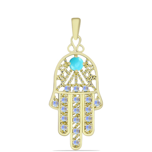 Pendente de Prata com Banho de Ouro com Turquesa Bela Adormecida e Pedra da Lua Arco-íris  Contraste: Cabeca de Veado (800)