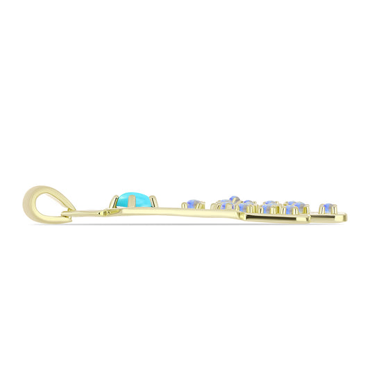Pendente de Prata com Banho de Ouro com Turquesa Bela Adormecida e Pedra da Lua Arco-íris  Contraste: Cabeca de Veado (800)