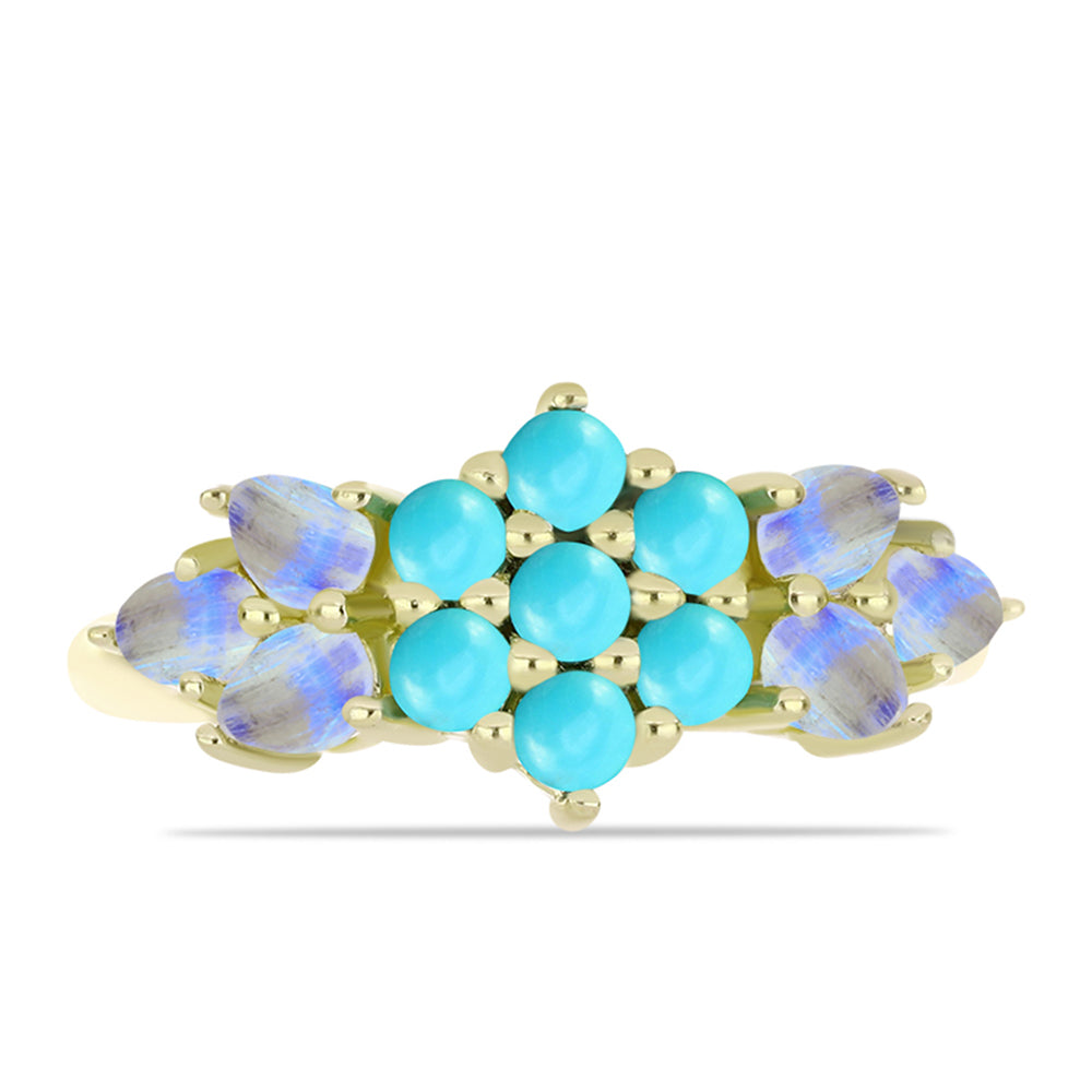 Anel de Prata com Banho de Ouro com Turquesa Bela Adormecida e Pedra da Lua Arco-íris  Contraste: Cabeca de Veado (800) 1 