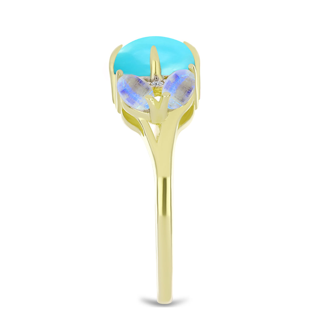 Anel de Prata com Banho de Ouro com Turquesa Bela Adormecida e Pedra da Lua Arco-íris 4 