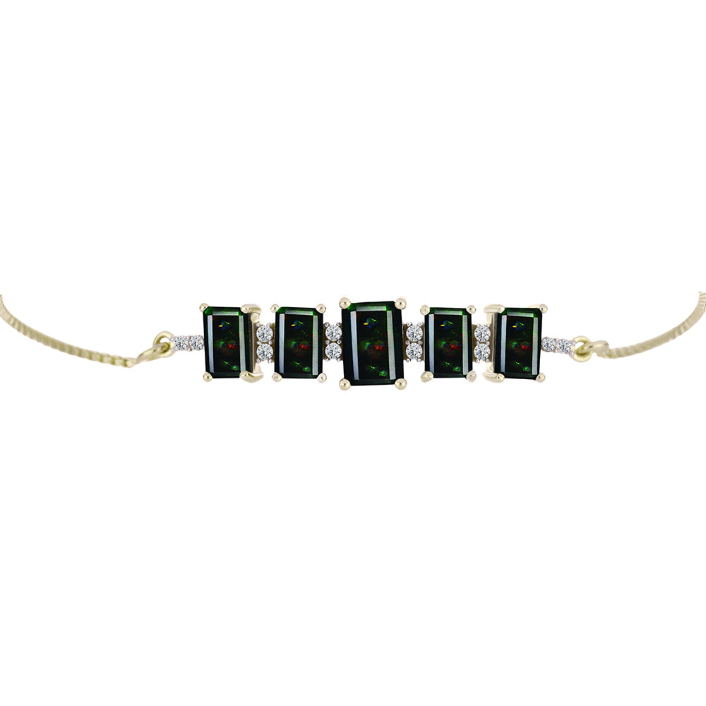 Pulseira de Prata com Banho de Ouro com Opala Preta de Lega Dembi da Etiópia e Topázio Branco  Contraste: Cabeca de Veado (800)