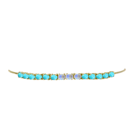 Pulseira de Prata com Banho de Ouro com Turquesa Bela Adormecida e Pedra da Lua Arco-íris  Contraste: Cabeca de Veado (800)