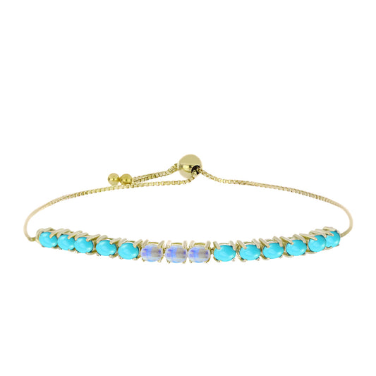 Pulseira de Prata com Banho de Ouro com Turquesa Bela Adormecida e Pedra da Lua Arco-íris  Contraste: Cabeca de Veado (800)
