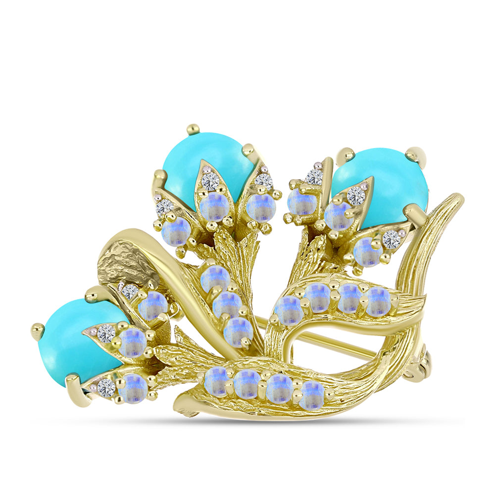 Alfinete de Prata com Banho de Ouro com Turquesa Bela Adormecida e Pedra da Lua Arco-íris  Contraste: Cabeca de Veado (800) 1 