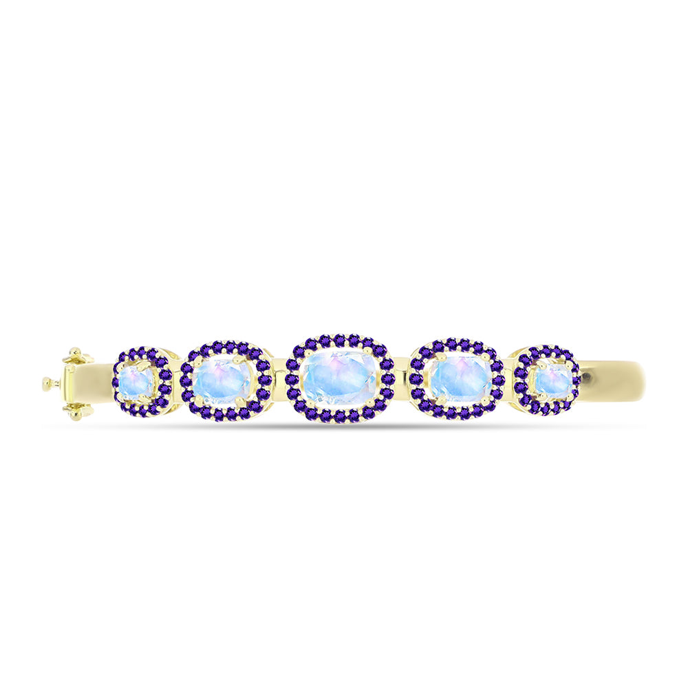Pulseira de Prata com Banho de Ouro com Pedra da Lua Arco-íris e Ametista de Marrocos  Contraste: Cabeca de Veado (800)