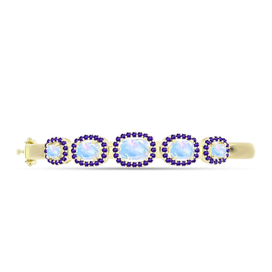 Pulseira de Prata com Banho de Ouro com Pedra da Lua Arco-íris e Ametista de Marrocos  Contraste: Cabeca de Veado (800)
