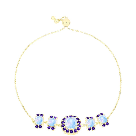 Pulseira de Prata com Banho de Ouro com Pedra da Lua Arco-íris e Ametista de Marrocos  Contraste: Cabeca de Veado (800)
