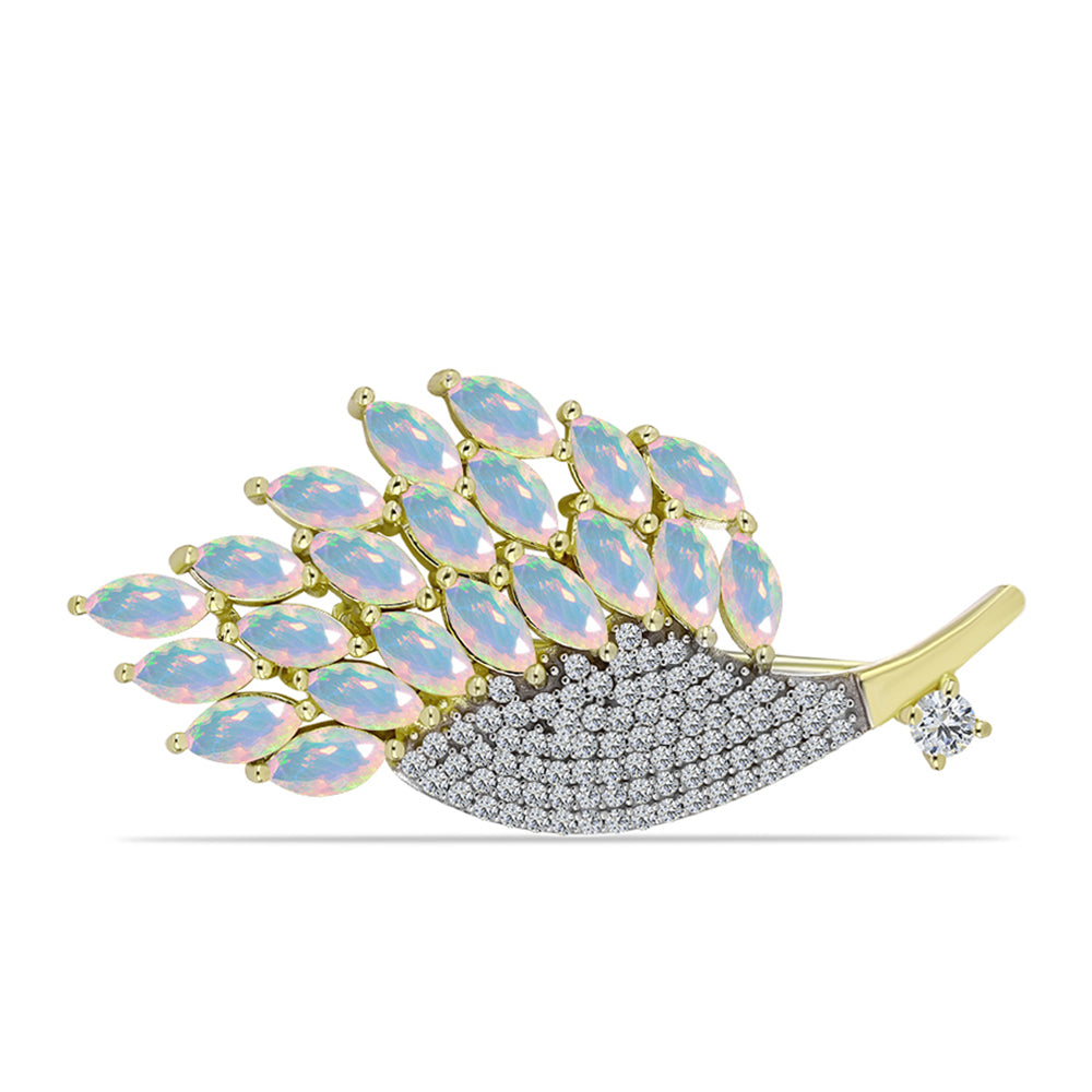 Alfinete de Prata com Banho de Ouro com Opala Welo e Topázio Branco  Contraste: Cabeca de Veado (800)