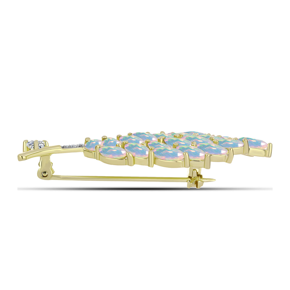 Alfinete de Prata com Banho de Ouro com Opala Welo e Topázio Branco  Contraste: Cabeca de Veado (800)