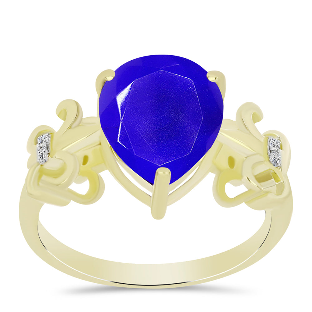 Anel de Prata com Banho de Ouro com Ágata Azul e Topázio Branco  Contraste: Cabeca de Veado (800)