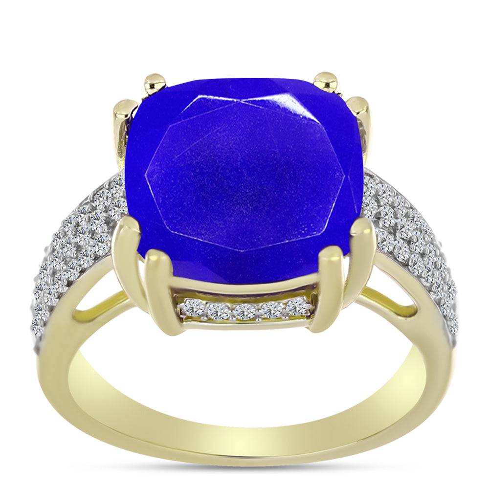 Anel de Prata com Banho de Ouro com Ágata Azul e Topázio Branco  Contraste: Cabeca de Veado (800) 3 