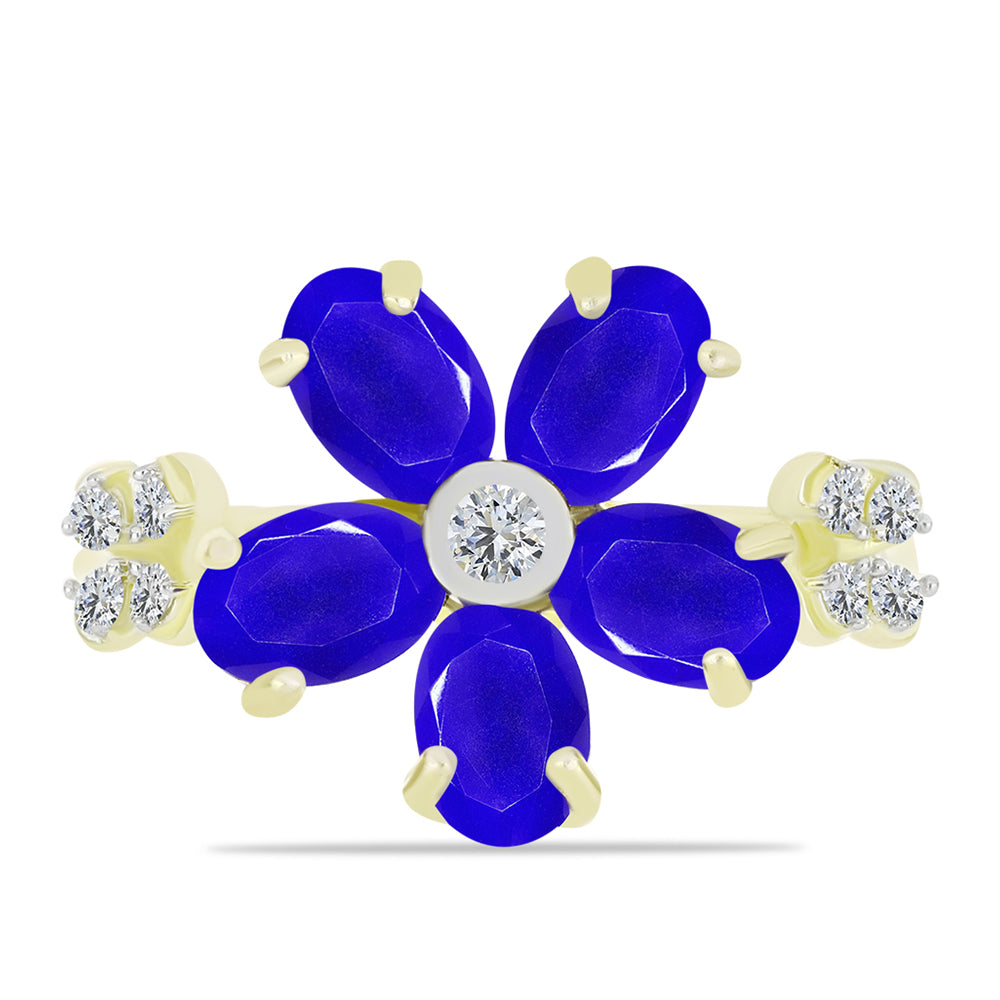 Anel de Prata com Banho de Ouro com Ágata Azul e Topázio Branco  Contraste: Cabeca de Veado (800)