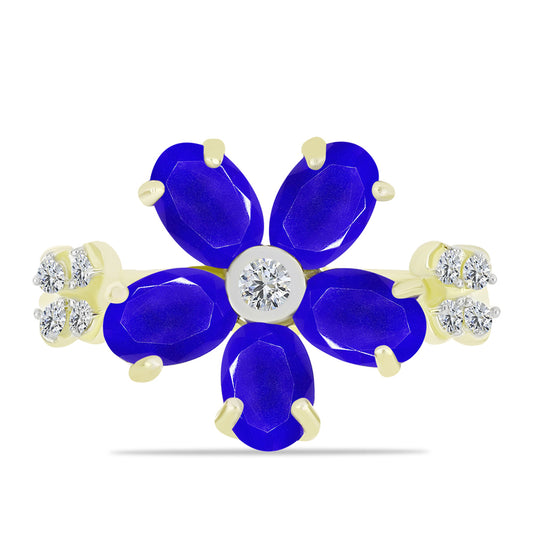 Anel de Prata com Banho de Ouro com Ágata Azul e Topázio Branco  Contraste: Cabeca de Veado (800)