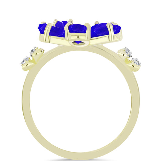 Anel de Prata com Banho de Ouro com Ágata Azul e Topázio Branco  Contraste: Cabeca de Veado (800)