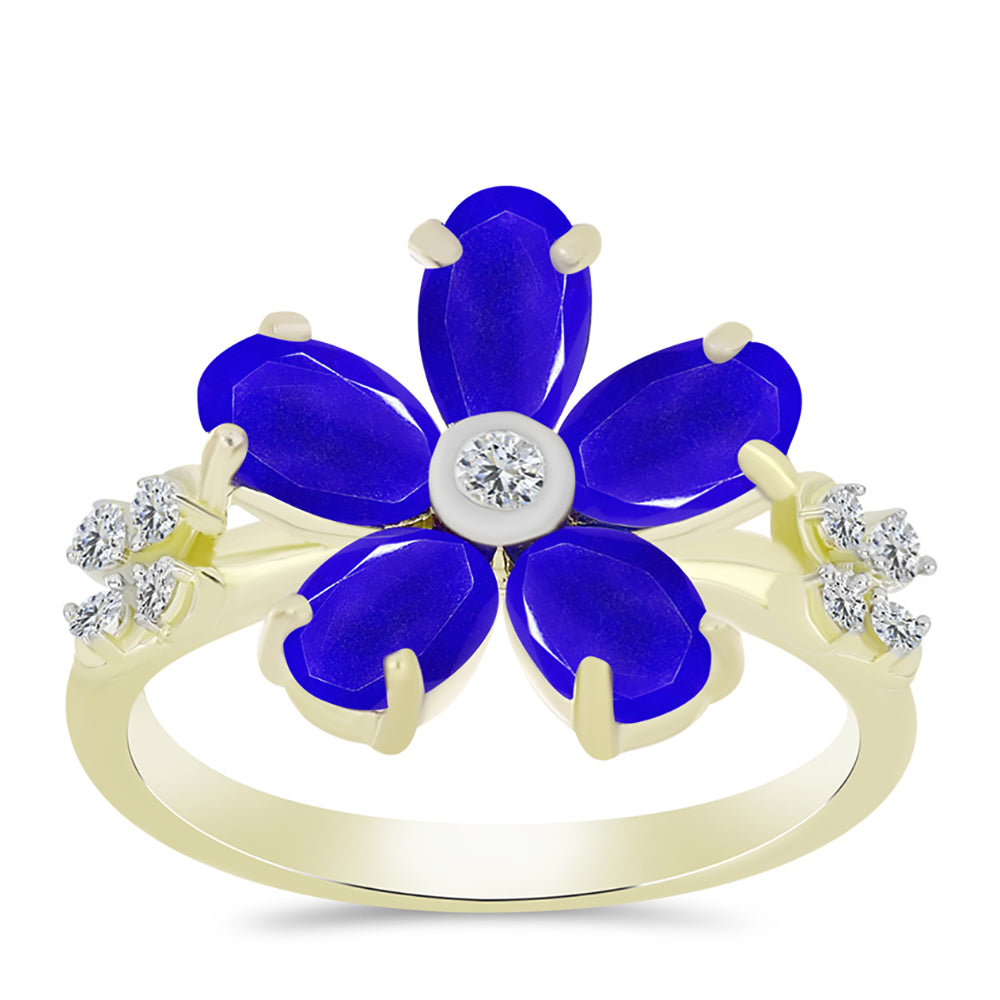 Anel de Prata com Banho de Ouro com Ágata Azul e Topázio Branco  Contraste: Cabeca de Veado (800)