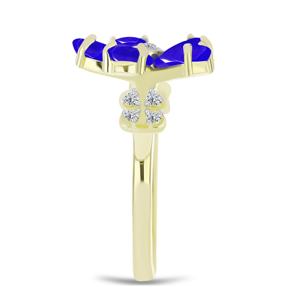 Anel de Prata com Banho de Ouro com Ágata Azul e Topázio Branco  Contraste: Cabeca de Veado (800)