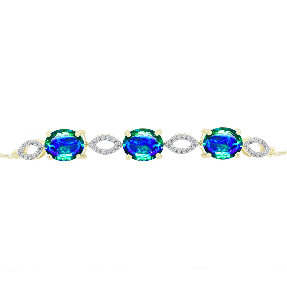 Pulseira de Prata com Banho de Ouro com Quartzo Pavão e Topázio Branco  Contraste: Cabeca de Veado (800)