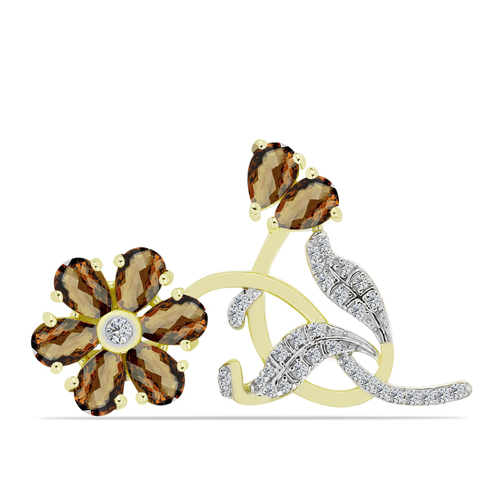 Alfinete de Prata com Banho de Ouro com Quartzo Cognac e Topázio Branco  Contraste: Cabeca de Veado (800)