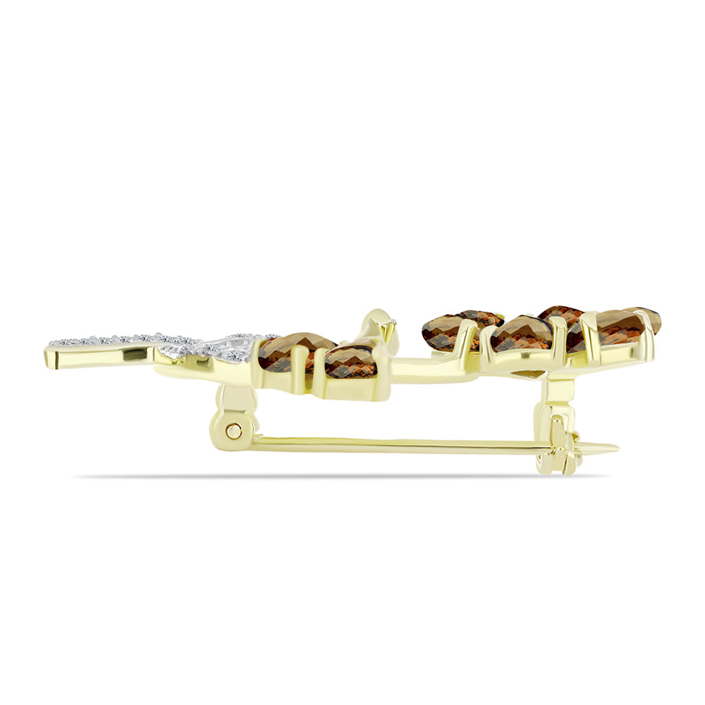 Alfinete de Prata com Banho de Ouro com Quartzo Cognac e Topázio Branco  Contraste: Cabeca de Veado (800)
