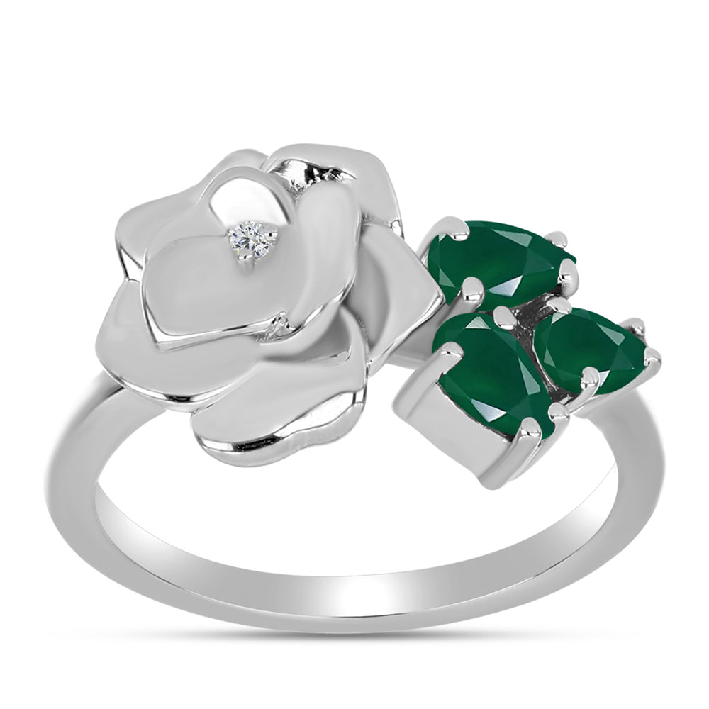 Anel de Prata com Calcedônia Verde e Topázio Branco  Contraste: Cabeca de Veado (800)