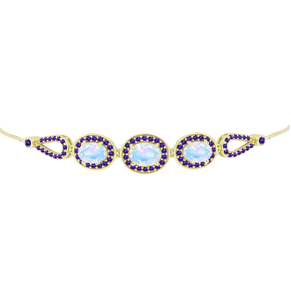 Pulseira de Prata com Banho de Ouro com Pedra da Lua Arco-íris e Ametista de Marrocos  Contraste: Cabeca de Veado (800)