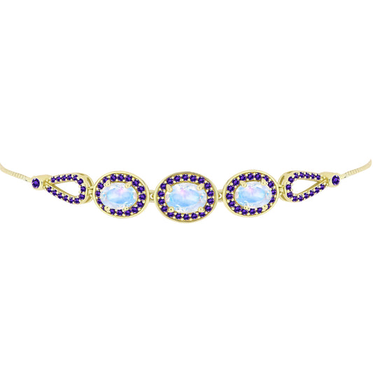 Pulseira de Prata com Banho de Ouro com Pedra da Lua Arco-íris e Ametista de Marrocos  Contraste: Cabeca de Veado (800)