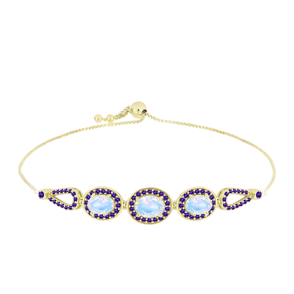Pulseira de Prata com Banho de Ouro com Pedra da Lua Arco-íris e Ametista de Marrocos  Contraste: Cabeca de Veado (800) 1 