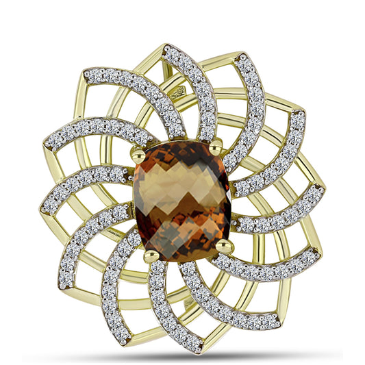 Alfinete de Prata com Banho de Ouro com Quartzo Cognac e Topázio Branco  Contraste: Cabeca de Veado (800)