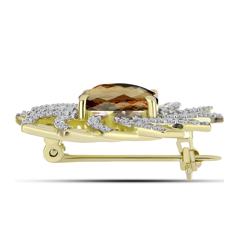 Alfinete de Prata com Banho de Ouro com Quartzo Cognac e Topázio Branco  Contraste: Cabeca de Veado (800) 2 