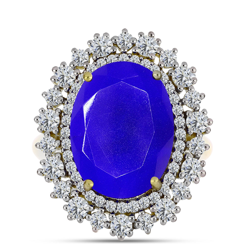 Anel de Prata com Banho de Ouro com Ágata Azul e Topázio Branco  Contraste: Cabeca de Veado (800) 1 
