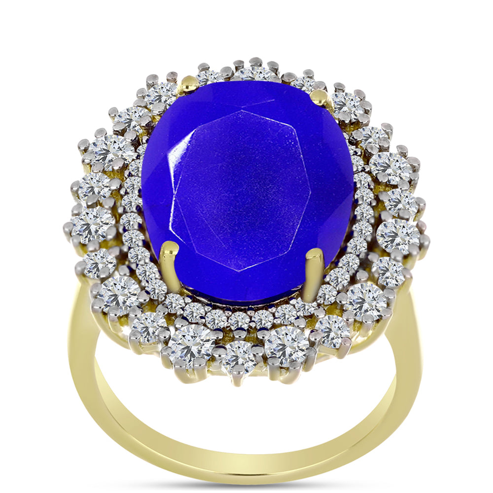 Anel de Prata com Banho de Ouro com Ágata Azul e Topázio Branco  Contraste: Cabeca de Veado (800)
