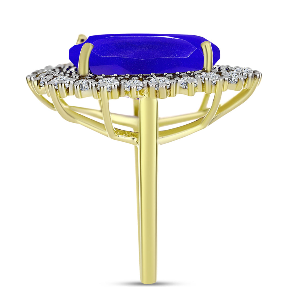 Anel de Prata com Banho de Ouro com Ágata Azul e Topázio Branco  Contraste: Cabeca de Veado (800)