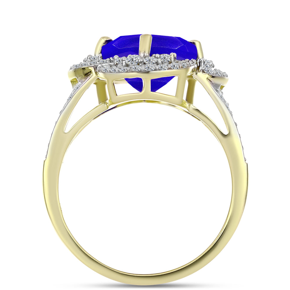 Anel de Prata com Banho de Ouro com Ágata Azul e Topázio Branco  Contraste: Cabeca de Veado (800)