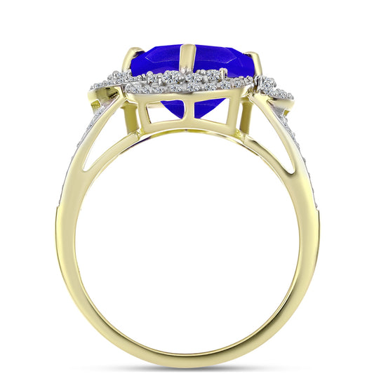 Anel de Prata com Banho de Ouro com Ágata Azul e Topázio Branco  Contraste: Cabeca de Veado (800)