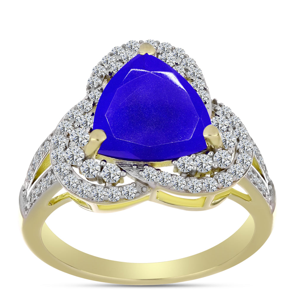Anel de Prata com Banho de Ouro com Ágata Azul e Topázio Branco  Contraste: Cabeca de Veado (800)