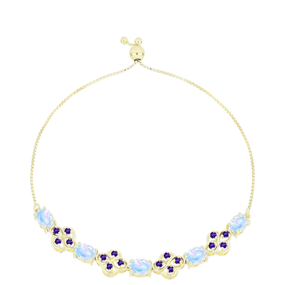 Pulseira de Prata com Banho de Ouro com Pedra da Lua Arco-íris e Ametista de Marrocos  Contraste: Cabeca de Veado (800)