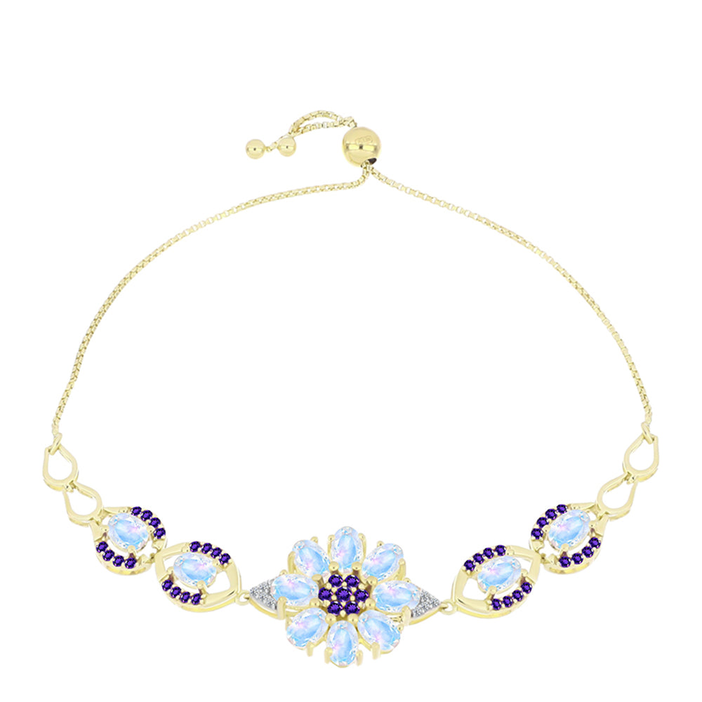 Pulseira de Prata com Banho de Ouro com Pedra da Lua Arco-íris e Ametista de Marrocos  Contraste: Cabeca de Veado (800)