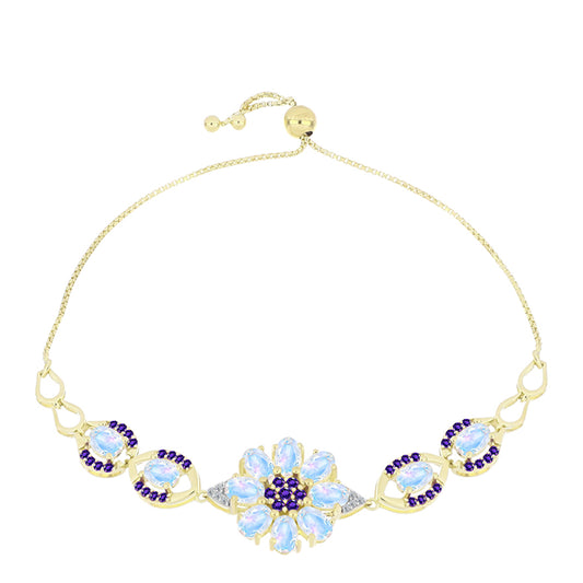 Pulseira de Prata com Banho de Ouro com Pedra da Lua Arco-íris e Ametista de Marrocos  Contraste: Cabeca de Veado (800)