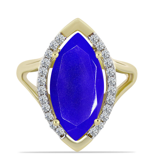 Anel de Prata com Banho de Ouro com Ágata Azul e Topázio Branco  Contraste: Cabeca de Veado (800)