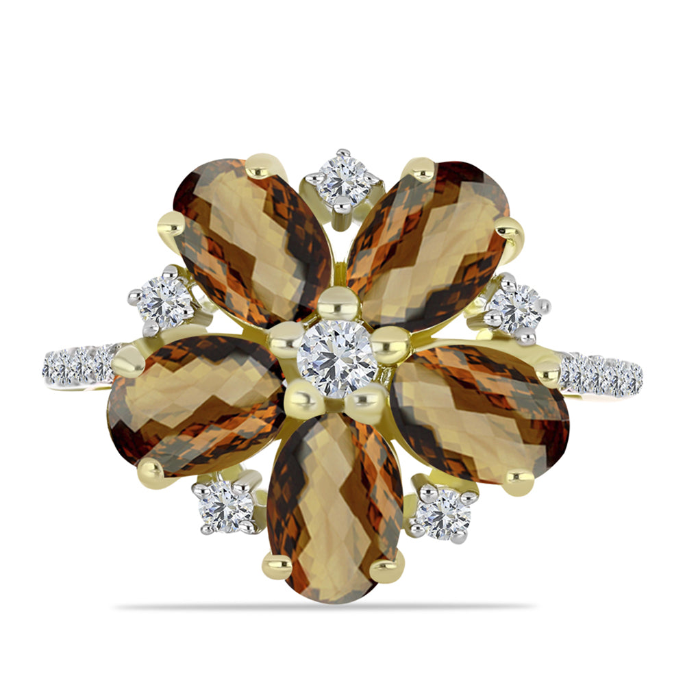 Anel de Prata com Banho de Ouro com Quartzo Cognac e Topázio Branco  Contraste: Cabeca de Veado (800)