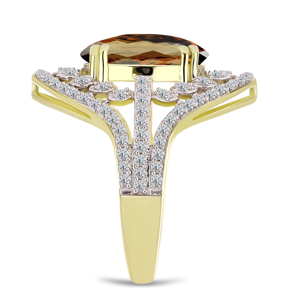 Anel de Prata com Banho de Ouro com Quartzo Cognac e Topázio Branco  Contraste: Cabeca de Veado (800)