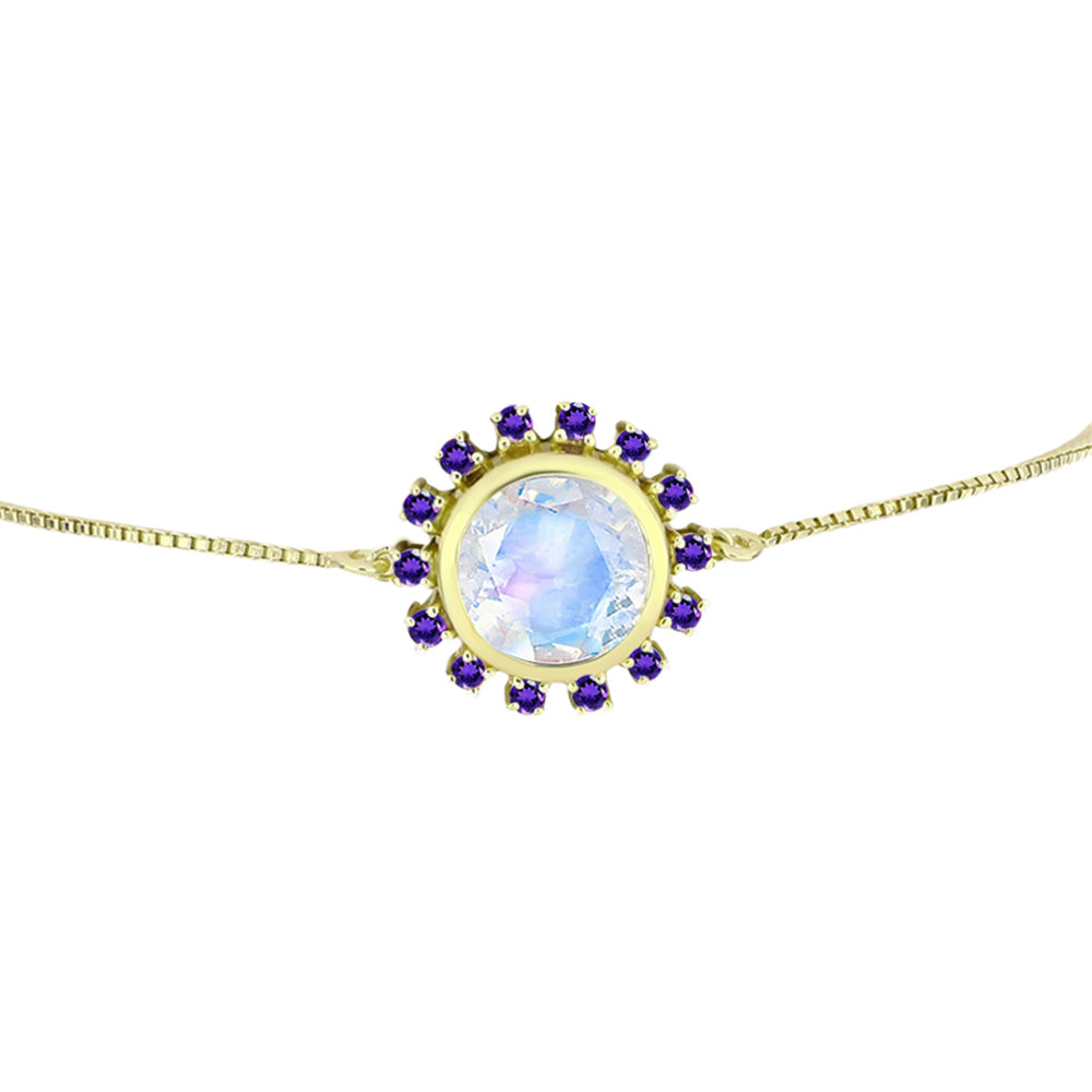 Pulseira de Prata com Banho de Ouro com Pedra da Lua Arco-íris e Ametista de Marrocos  Contraste: Cabeca de Veado (800) 2 