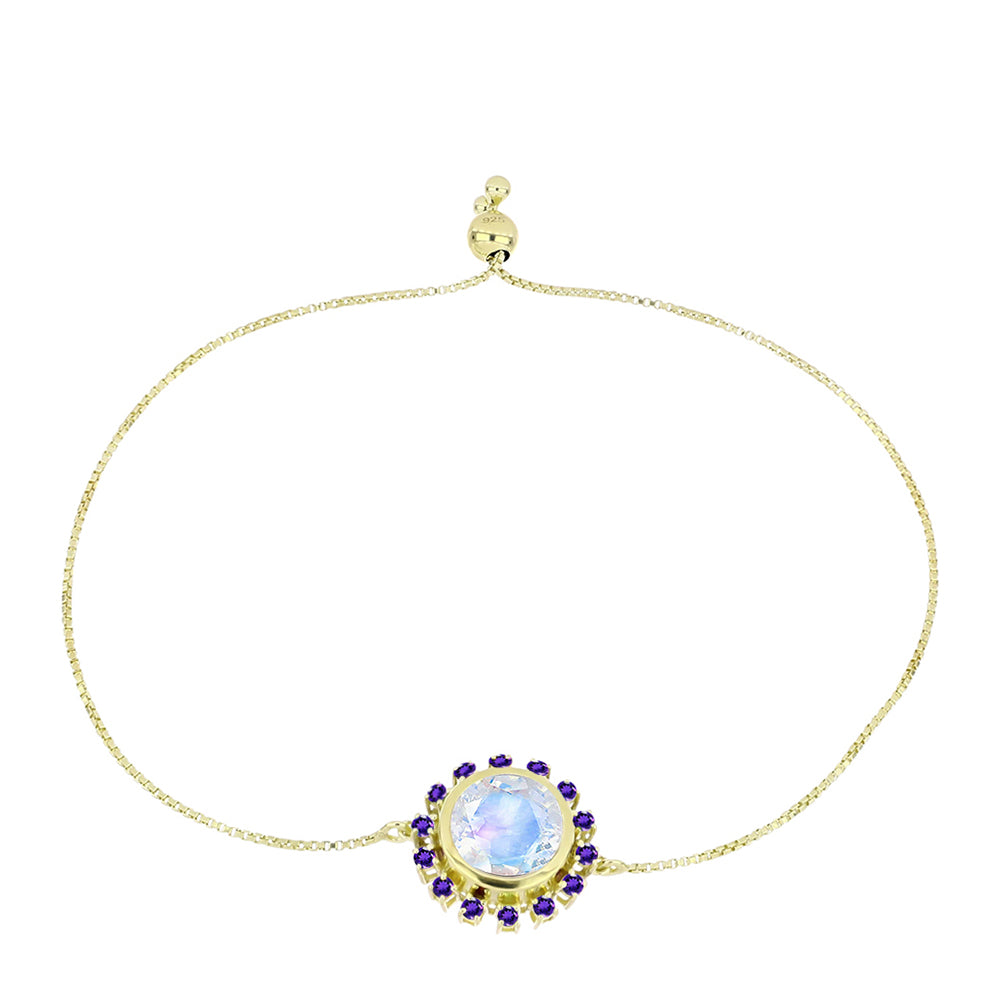 Pulseira de Prata com Banho de Ouro com Pedra da Lua Arco-íris e Ametista de Marrocos  Contraste: Cabeca de Veado (800)