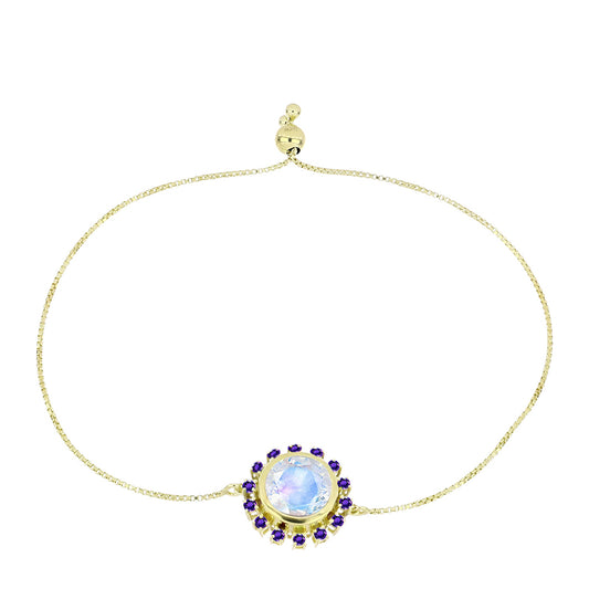 Pulseira de Prata com Banho de Ouro com Pedra da Lua Arco-íris e Ametista de Marrocos  Contraste: Cabeca de Veado (800)