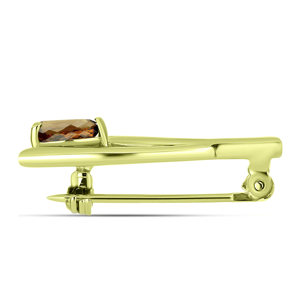 Alfinete de Prata com Banho de Ouro com Quartzo Cognac