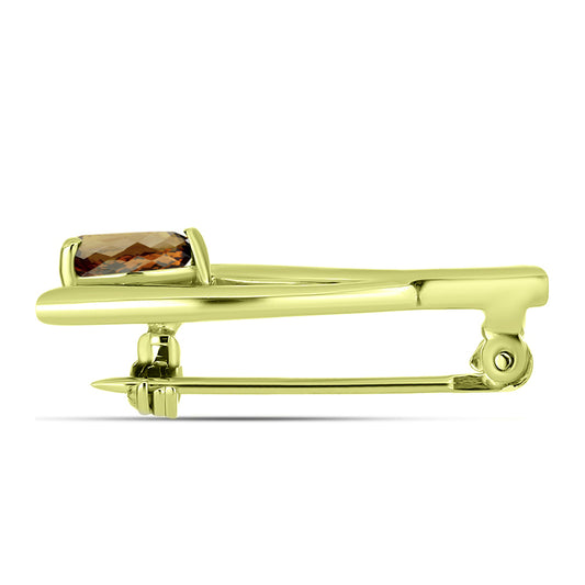 Alfinete de Prata com Banho de Ouro com Quartzo Cognac