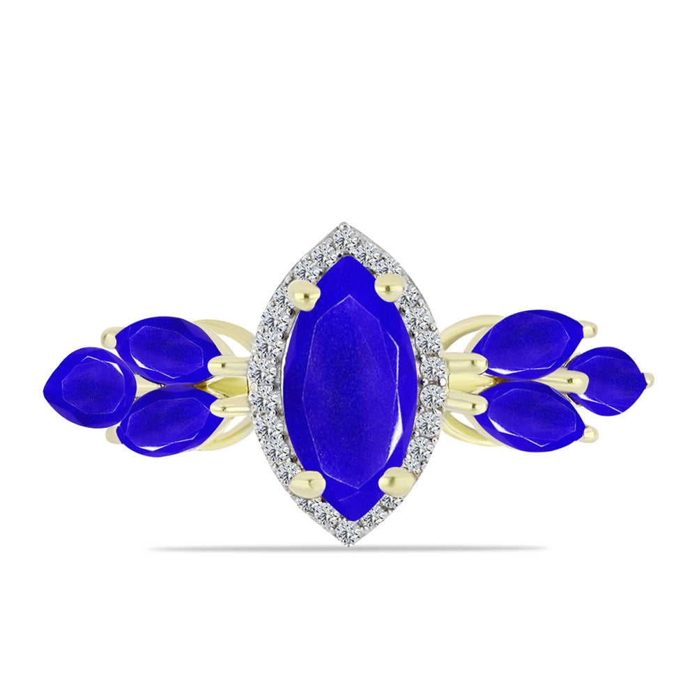 Anel de Prata com Banho de Ouro com Ágata Azul e Topázio Branco  Contraste: Cabeca de Veado (800)