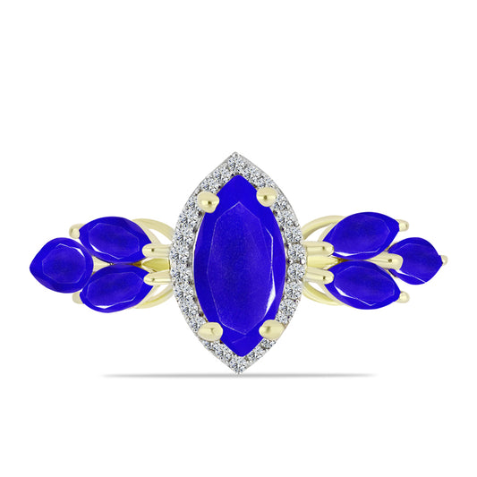 Anel de Prata com Banho de Ouro com Ágata Azul e Topázio Branco  Contraste: Cabeca de Veado (800)