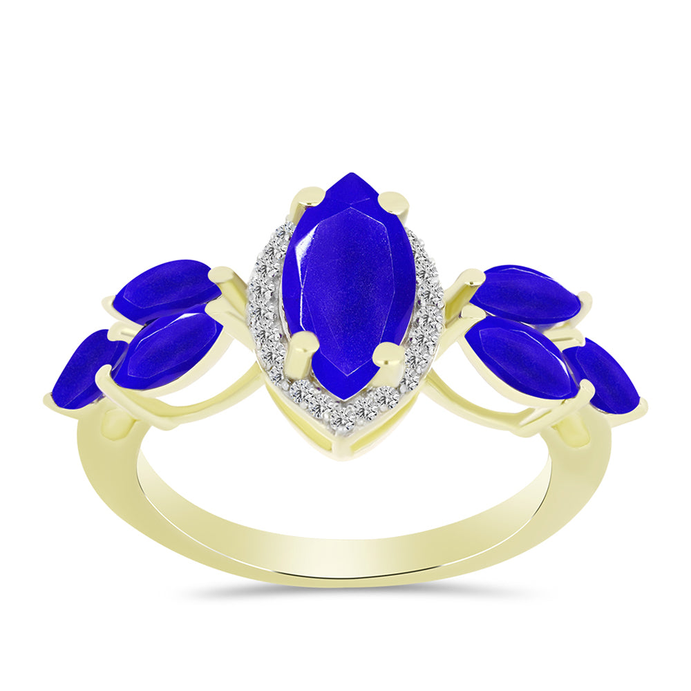 Anel de Prata com Banho de Ouro com Ágata Azul e Topázio Branco  Contraste: Cabeca de Veado (800)