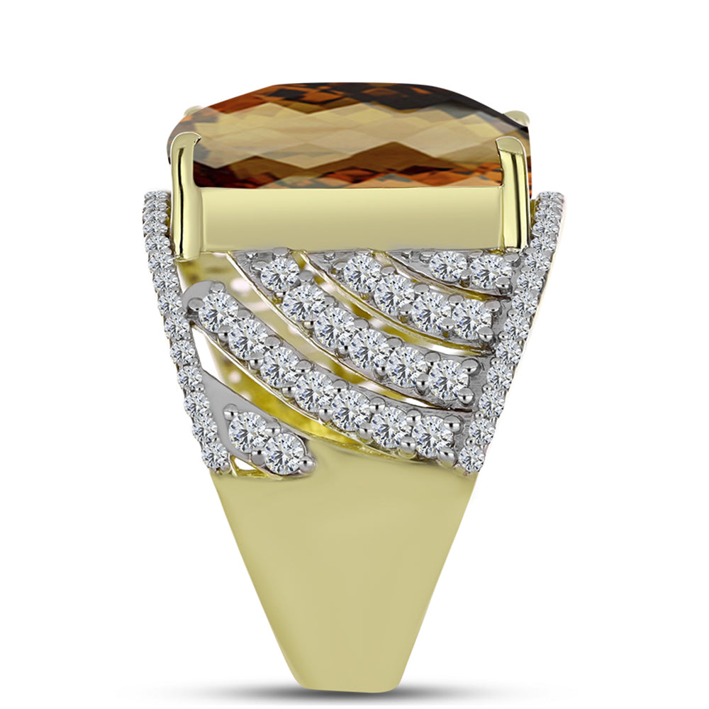Anel de Prata com Banho de Ouro com Quartzo Cognac e Topázio Branco  Contraste: Cabeca de Veado (800)